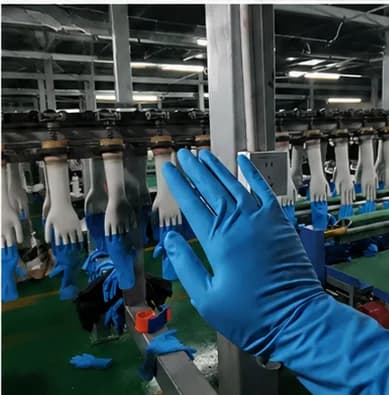 Blue nitrile gloves on production line