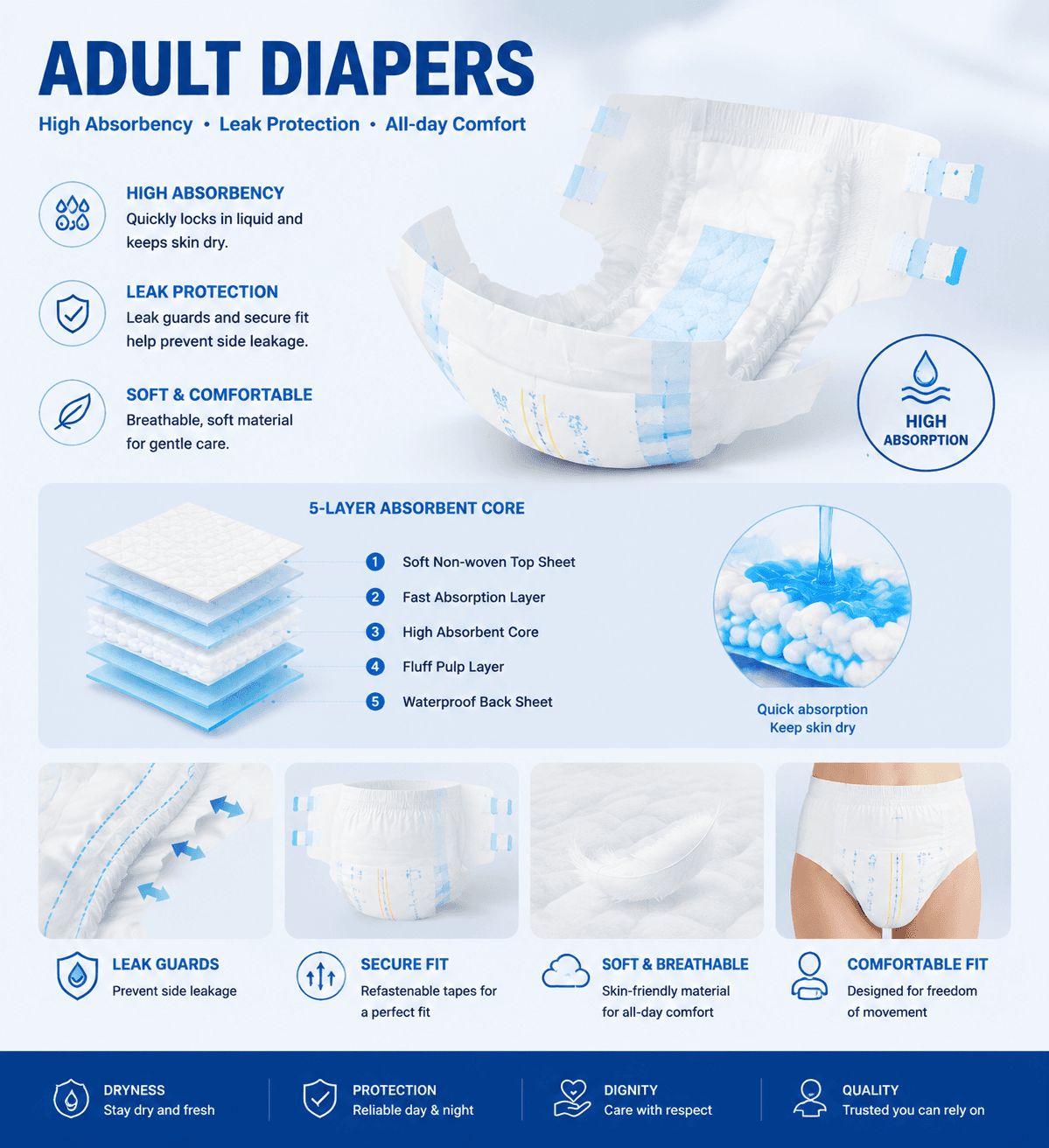 Adult diaper layer structure infographic